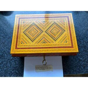 Vintage 1975 Handmade In Romania Marquetry lacquered Inlay Wooden Box Mirror Ins